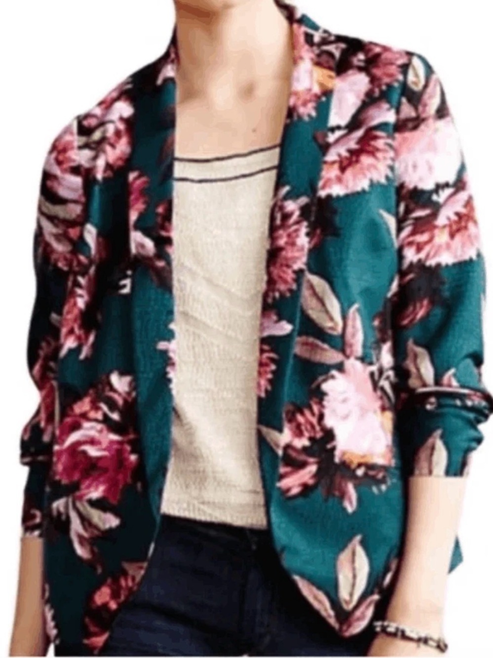 Anthropologie Teal Floral Open-Front Cardigan with Pink Accents